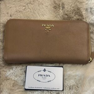 Prada large tan leather zip around wallet with broken zipper & COA